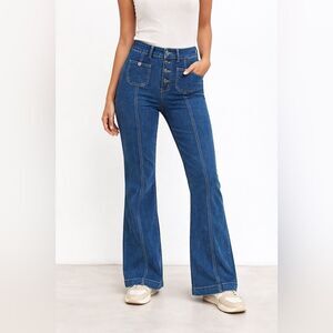 High-Rise Button Front Flare Jeans Women’s L Patch Pocket Stretch Denim
